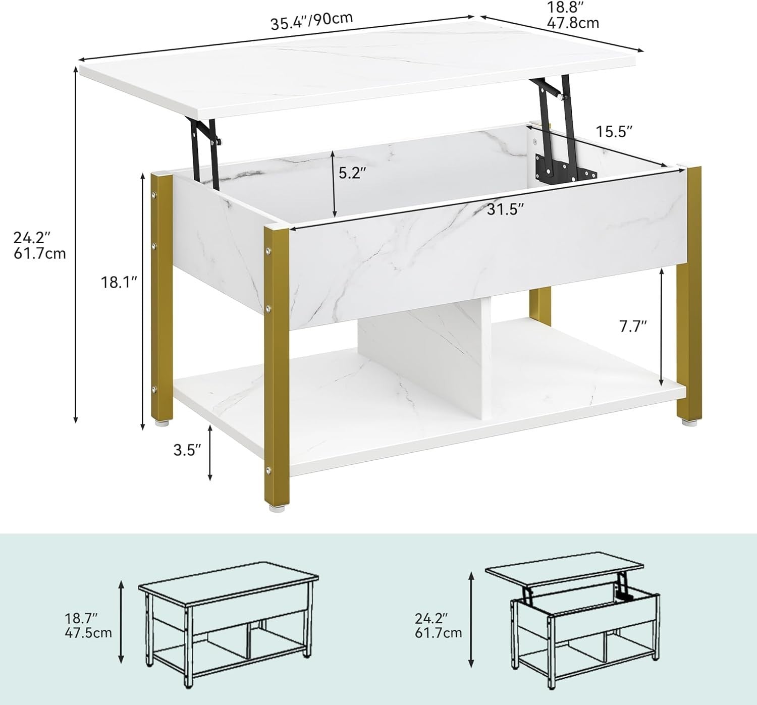 4in1 Lift Top Coffee Table with Storage Drawers, Convertible Dining Table, White