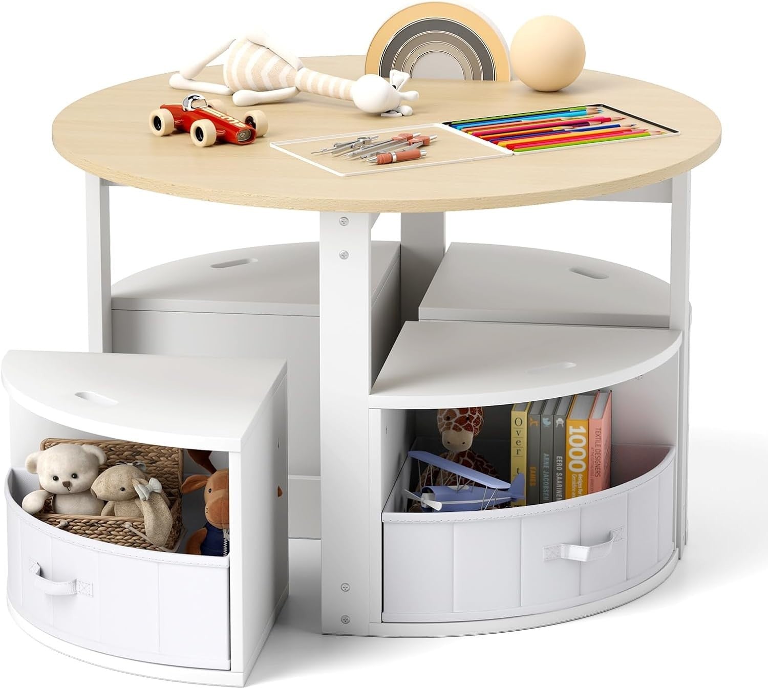 Kids Round Table & 4 Storage Stools Set with Fabric Drawers for Play & Learn