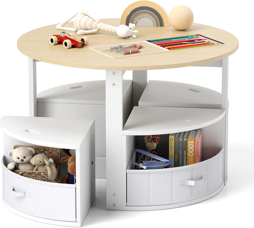 Kids Round Table & 4 Storage Stools Set with Fabric Drawers for Play & Learn