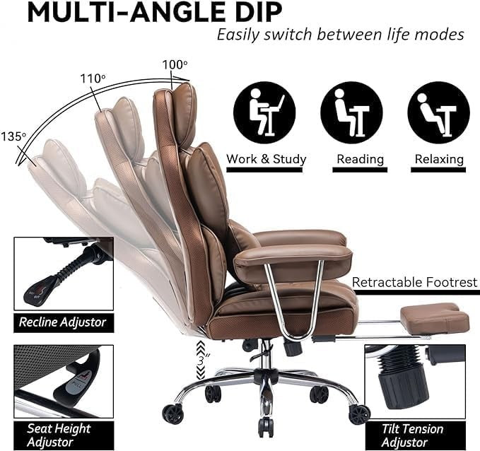 Executive Office Chair Large Tall PU Leather Footrest 135° Recline Swivel 200KG