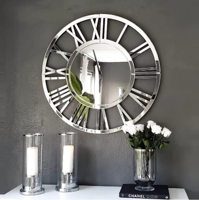 Large 80cm Silver Mirrored Wall Clock - Silent Roman Numerals, Modern Style