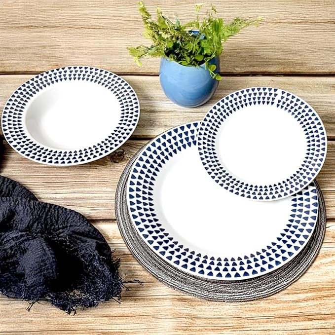 12pc White Ceramic Dinnerware Set Plates Bowls Service for 4 Blue Speckle