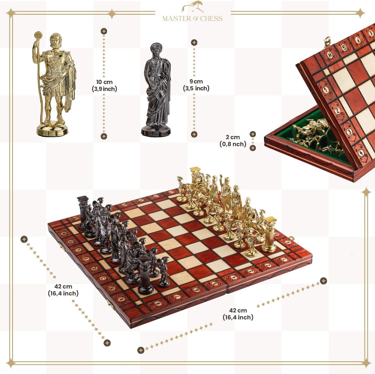 16" Luxury Spartan Chess Set Weighted Chrome Pieces & Inlaid Wooden Board