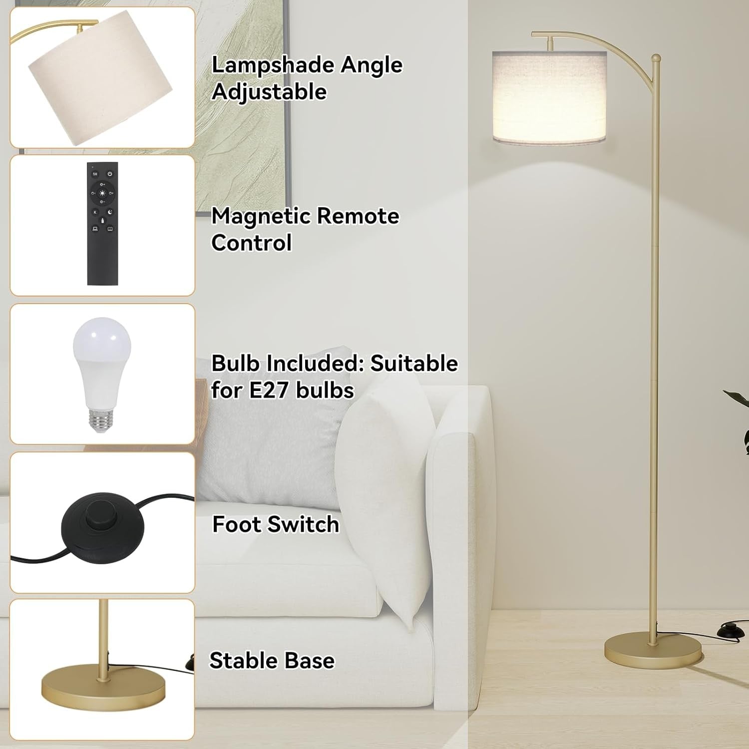 Floor Lamp Dimmable Remote Adjustable Gold Standing Reading Light