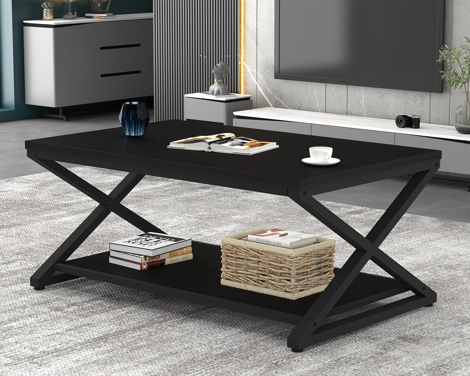 Modern Black Coffee Table with Storage Shelf | 2-Tier Rectangle Center Table