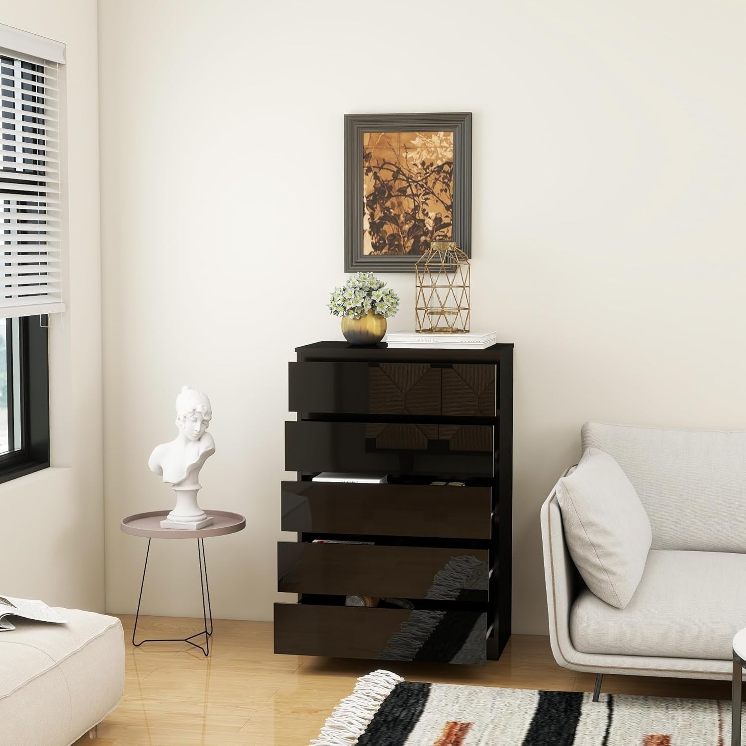 High Gloss 5-Drawer Wooden Dresser Chest Bedside Storage Organizer Black
