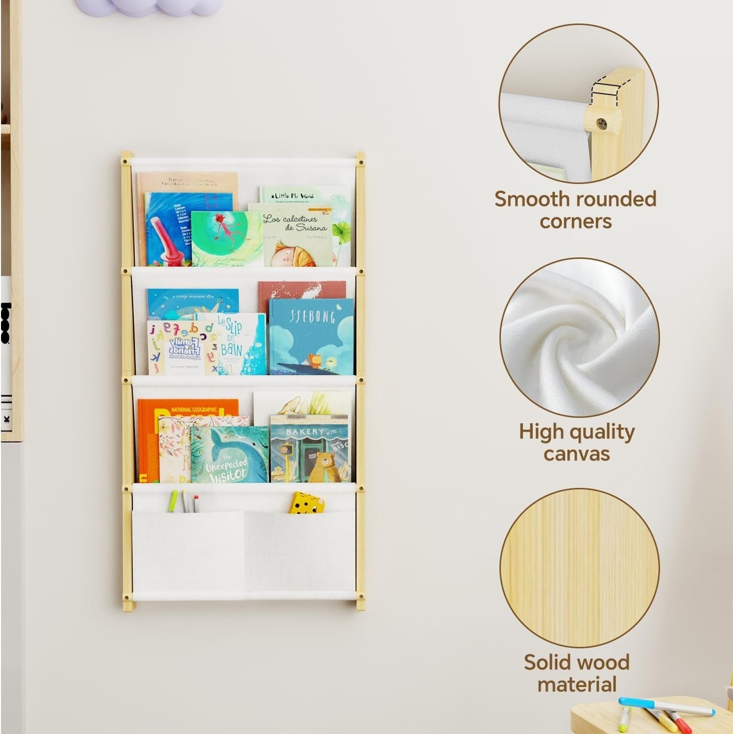 4-Tier Wall Mounted Kids Bookshelf Floating Wooden Book Shelf Organizer
