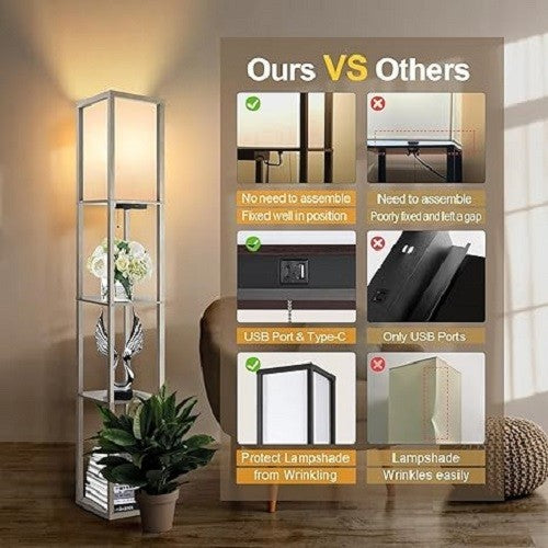 Floor Lamp with Shelf Remote Dimmable LED USB Charging 4 Colour Light