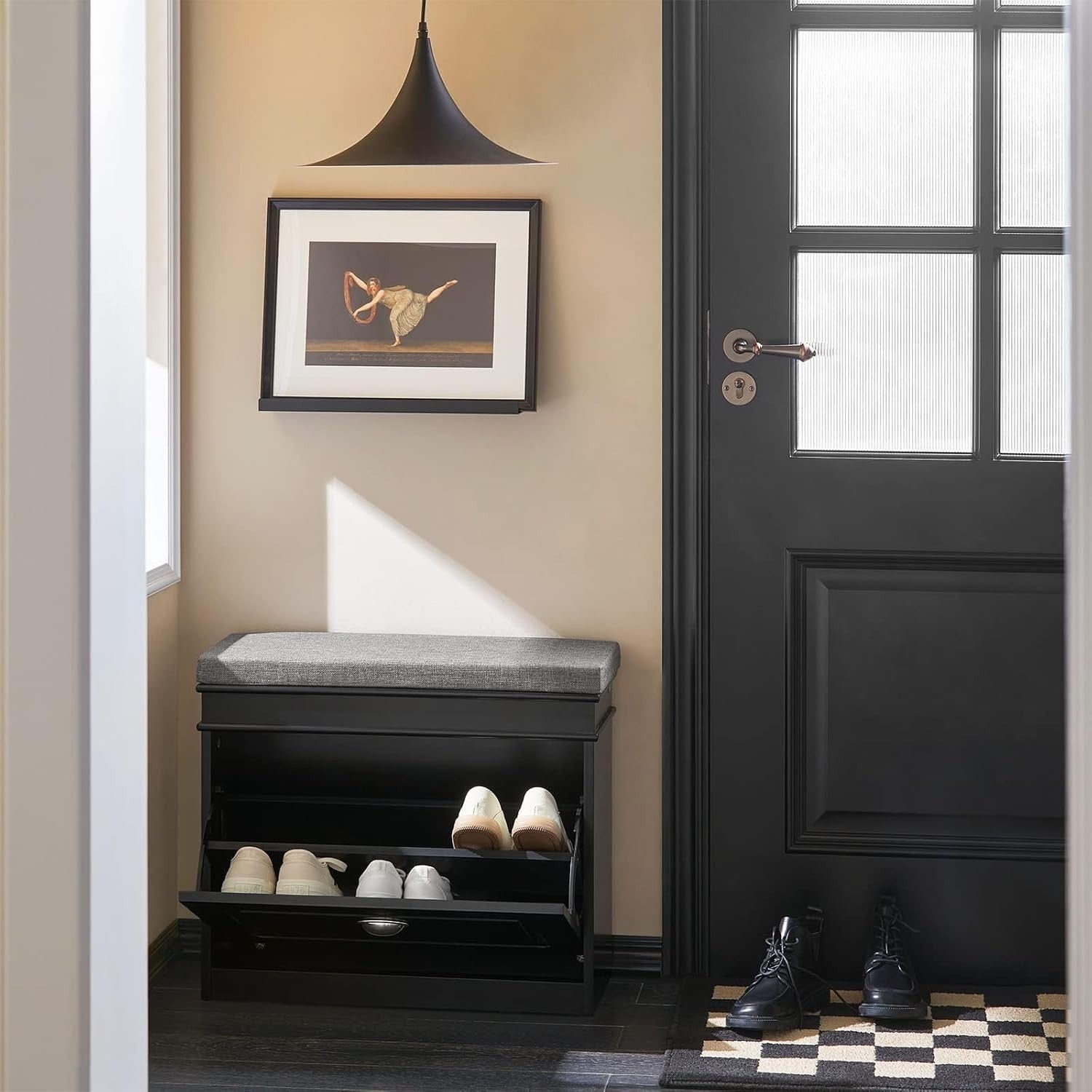 Narrow Shoe Storage Bench with Flip Drawer & Grey Cushion, 61x24x51 cm Black