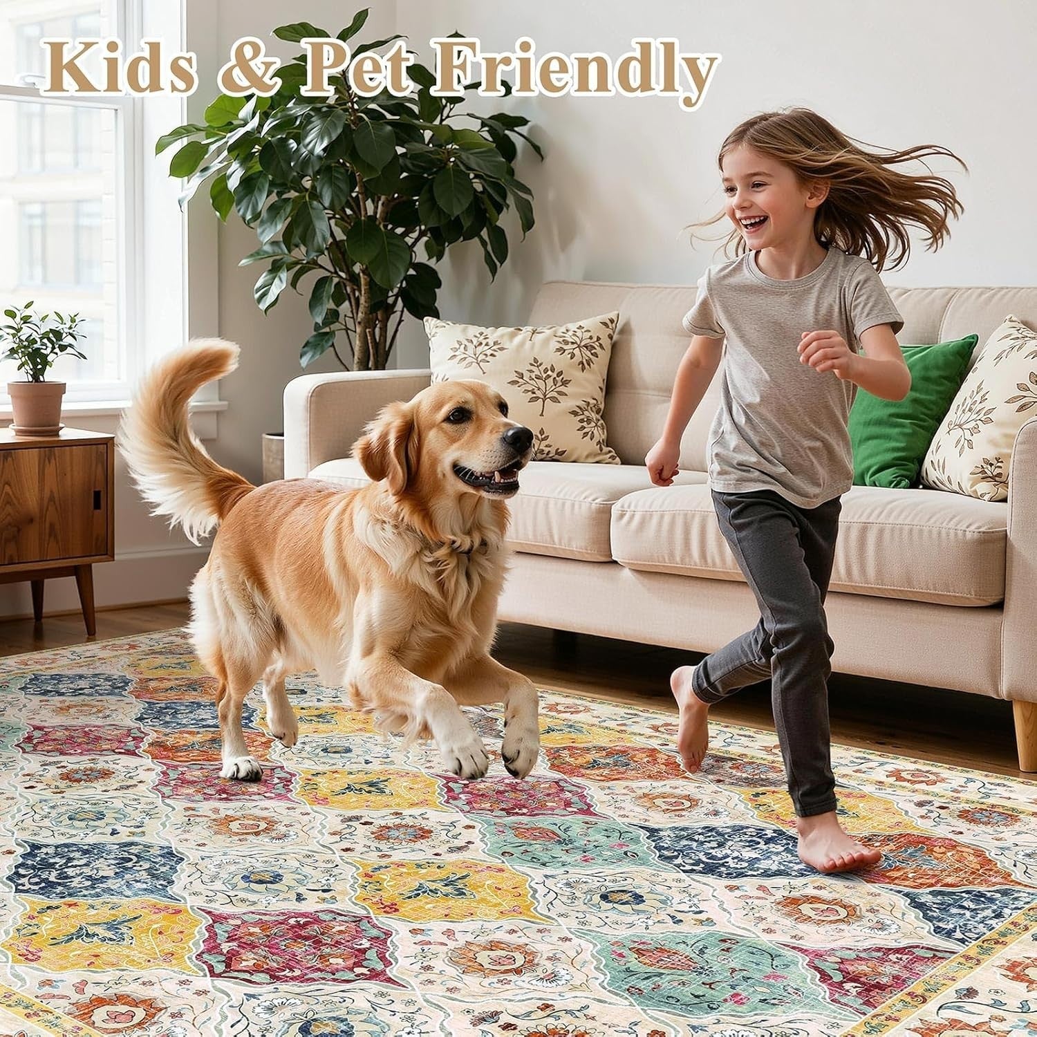 Moroccan Washable Area Rug 120x170cm Non Slip Boho Vintage Living Room Carpet