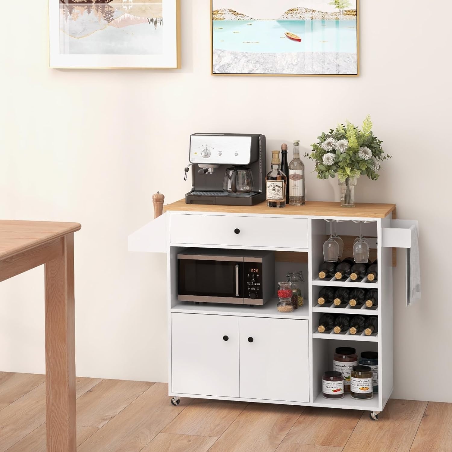 Rolling Kitchen Island Cart with Drop Leaf, Wine Rack & Adjustable Shelves