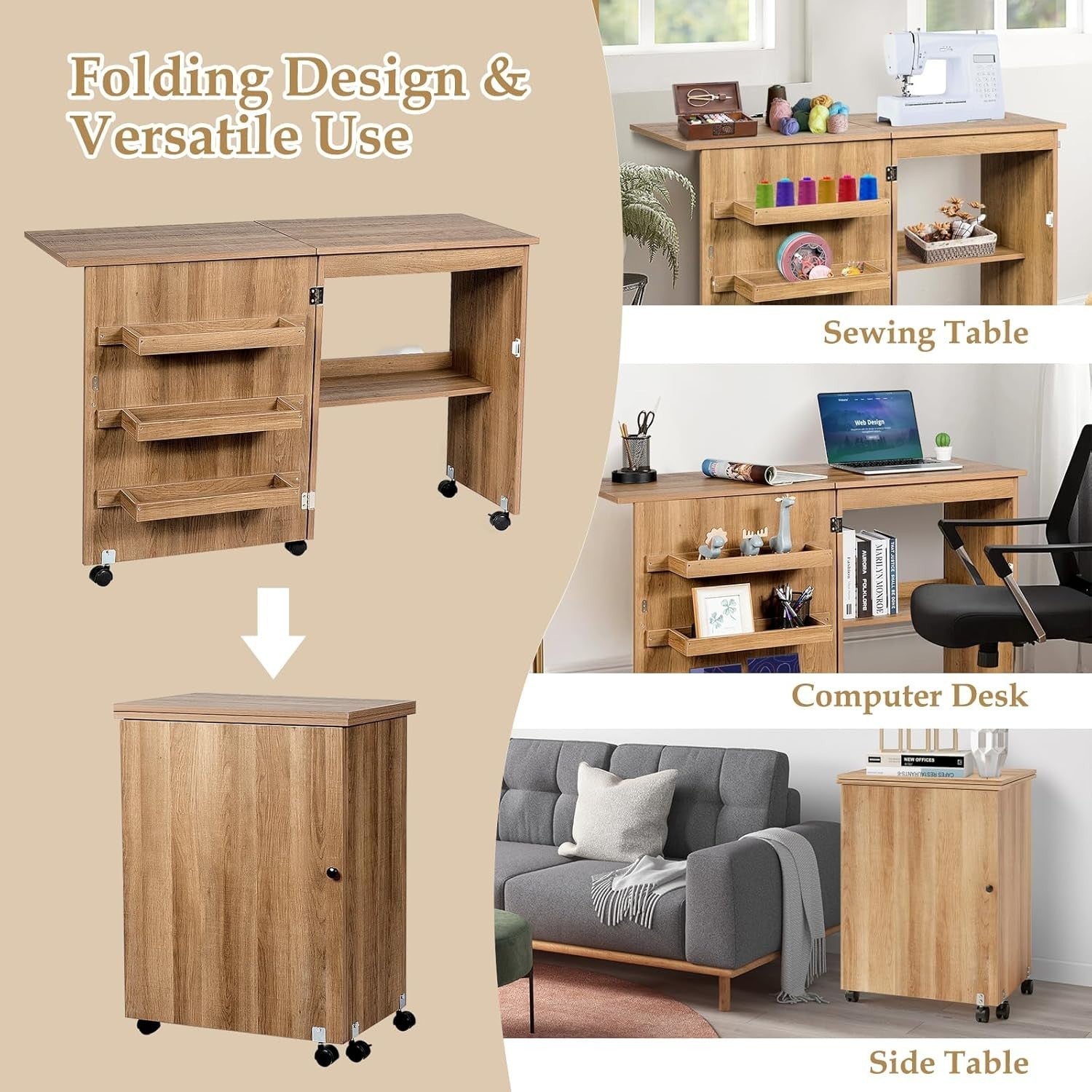 Folding Sewing Table 117cm Mobile Craft Desk with Shelves & Wheels Natural