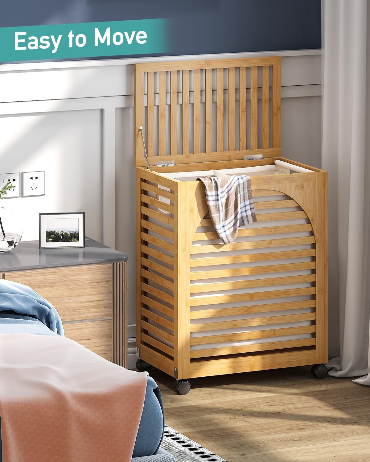 103L Bamboo Laundry Hamper on Wheels Large 2 Section Basket with Lid & Liner