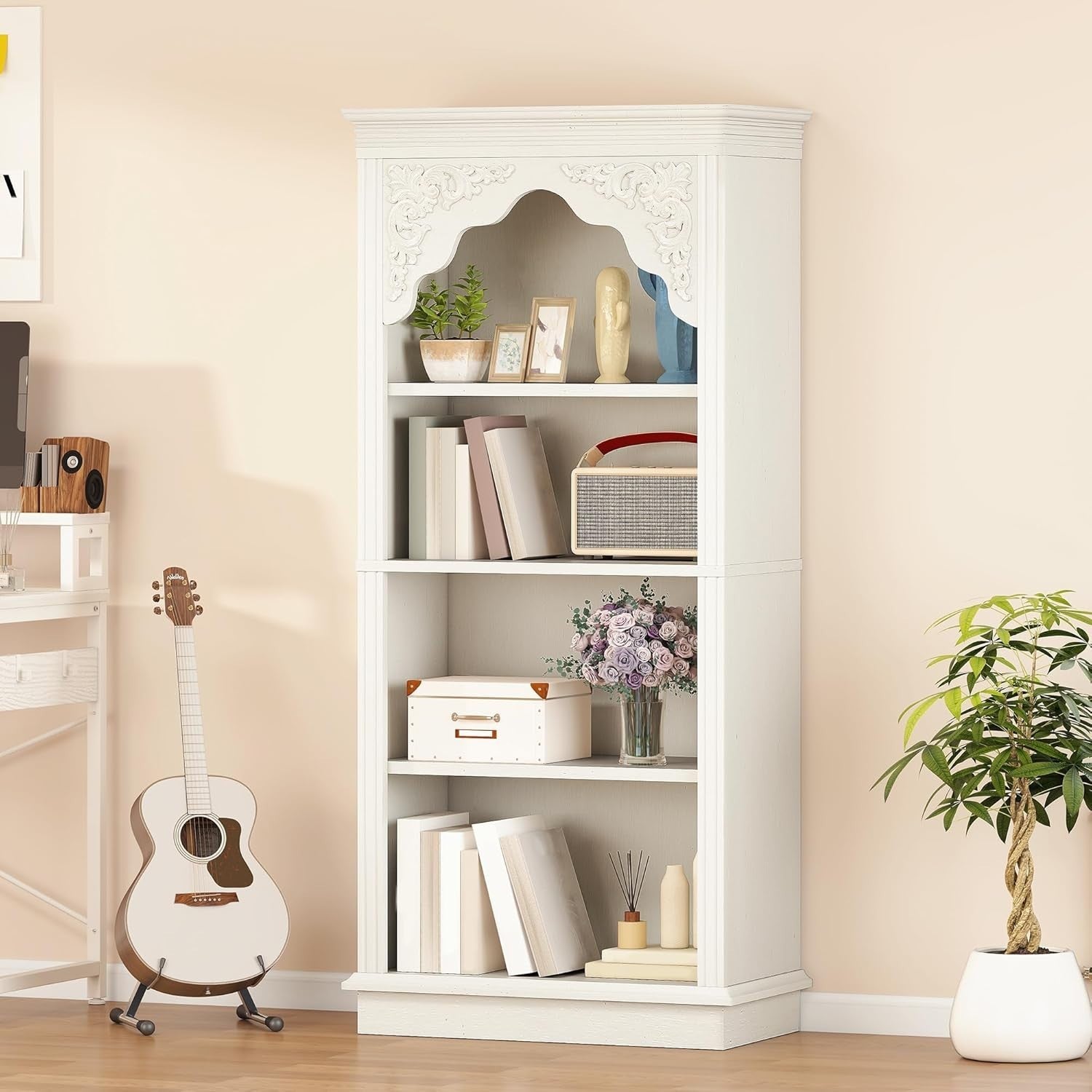 4-Tier White Upright Bookcase with Carved Design | Adjustable Shelves 140cm