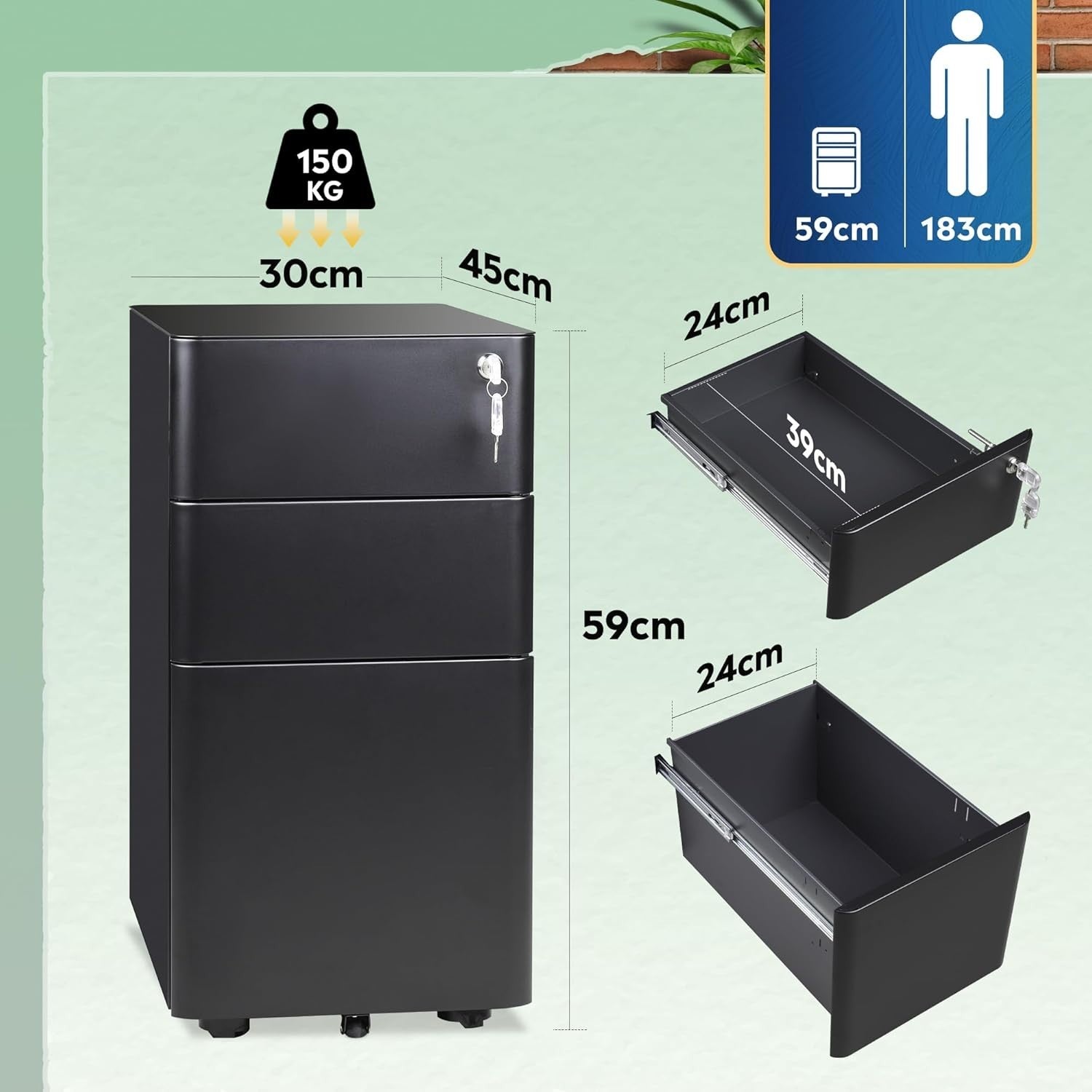 Black 3 Drawer Lockable File Cabinet 45x30x59cm Mobile Steel