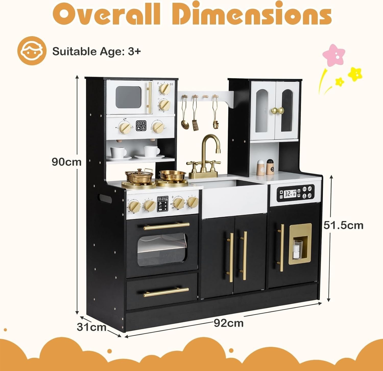 Luxury Kids Wooden Play Kitchen Lights Sounds Ice Maker Black Set