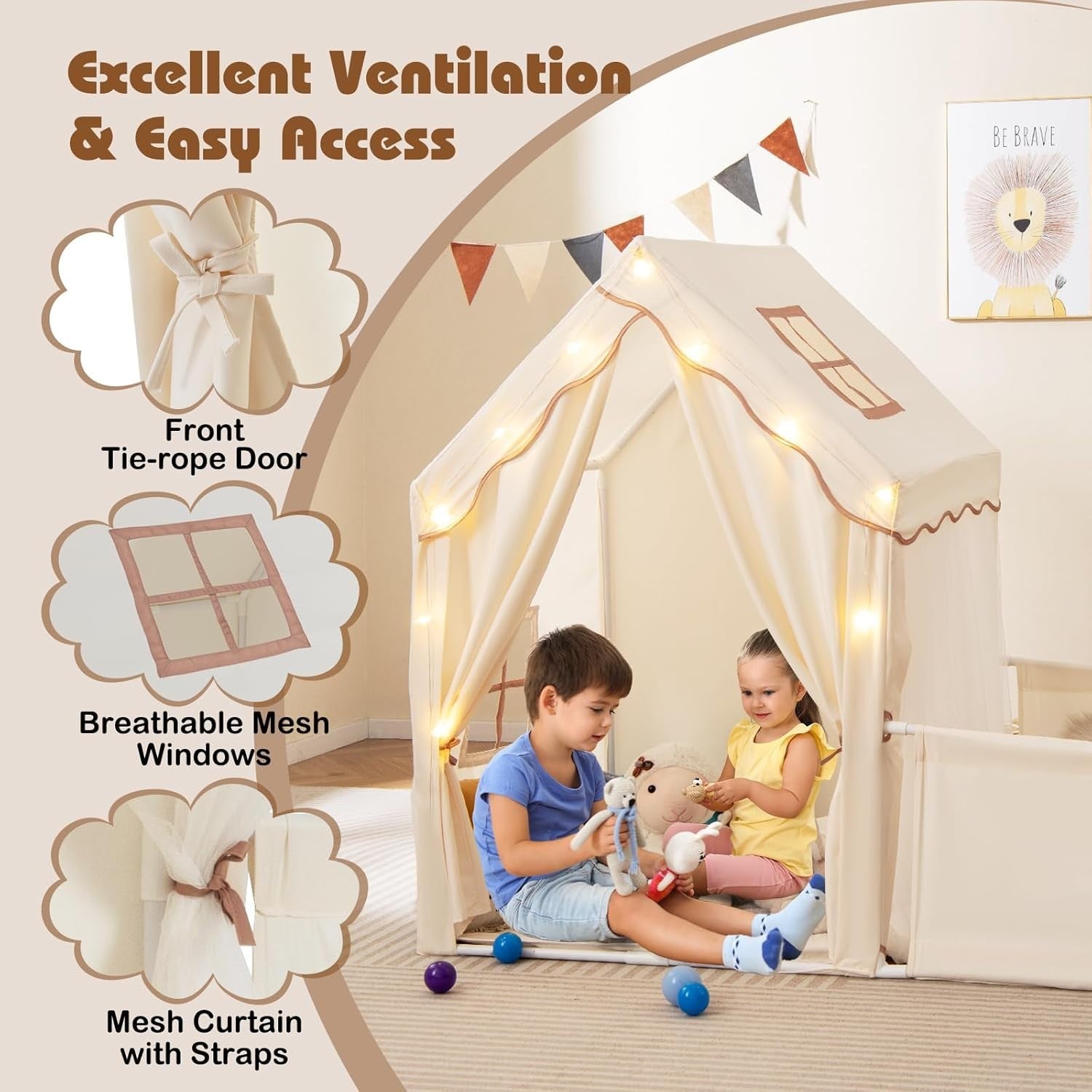 Kids Play Tent Beige Castle with Lights Mat Indoor Toddler Playhouse