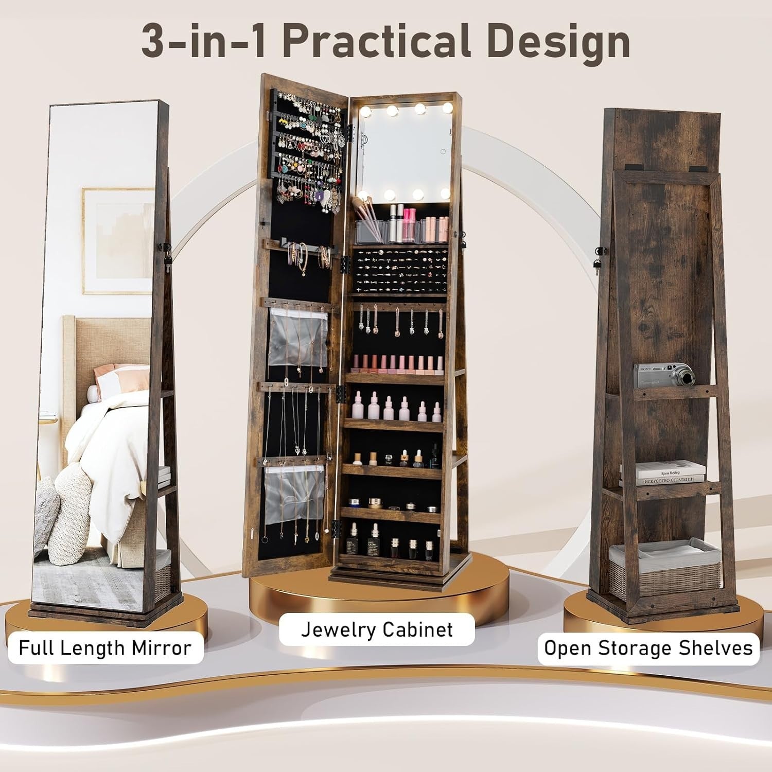 Rustic Brown Swivel Jewelry Cabinet LED Makeup Mirror Lockable Storage