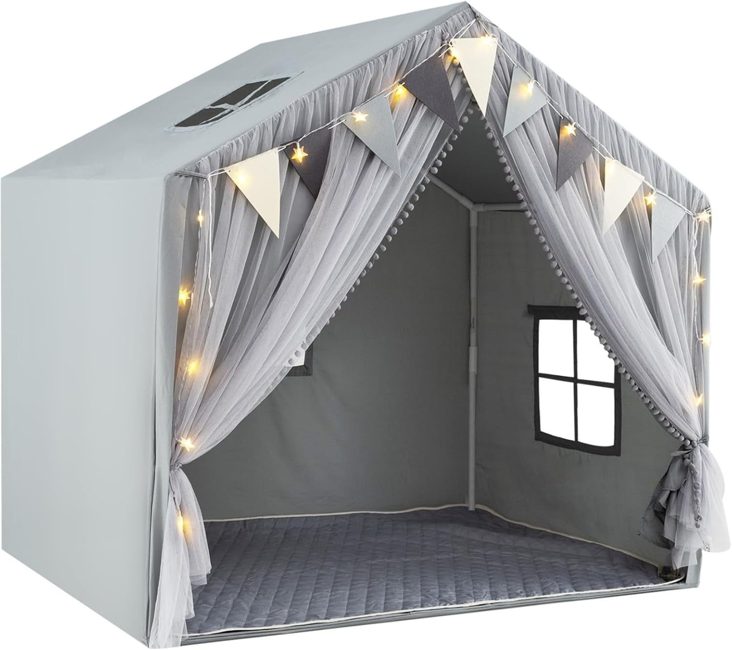 Grey Kids Fairy Play Tent Indoor Playhouse w Lights Mat Curtains
