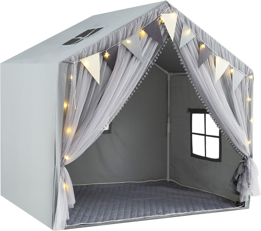 Grey Kids Fairy Play Tent Indoor Playhouse w Lights Mat Curtains