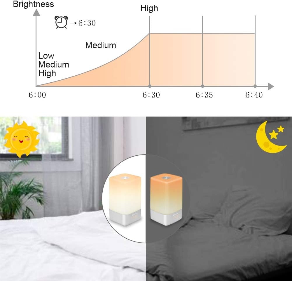 White Sunrise Wake Up Light Alarm Clock Touch USB Rechargeable Night Lamp