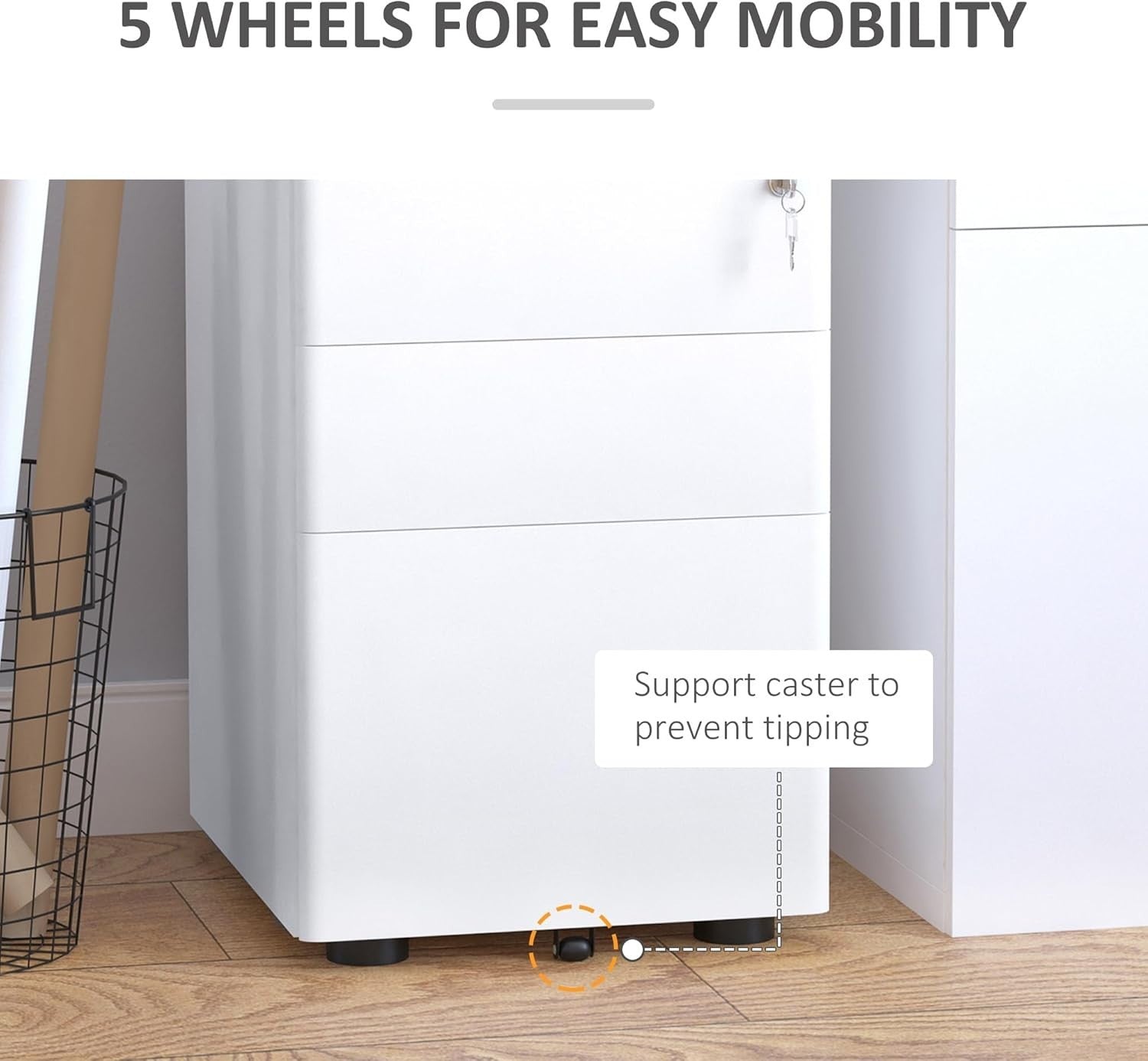 White 3 Drawer Mobile Filing Cabinet Lockable Steel A4 Letter Office Storage