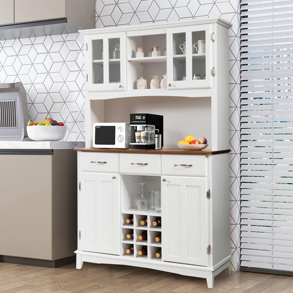 White Kitchen Sideboard 185cm Storage Cabinet Wine Rack Drawers Glass Doors
