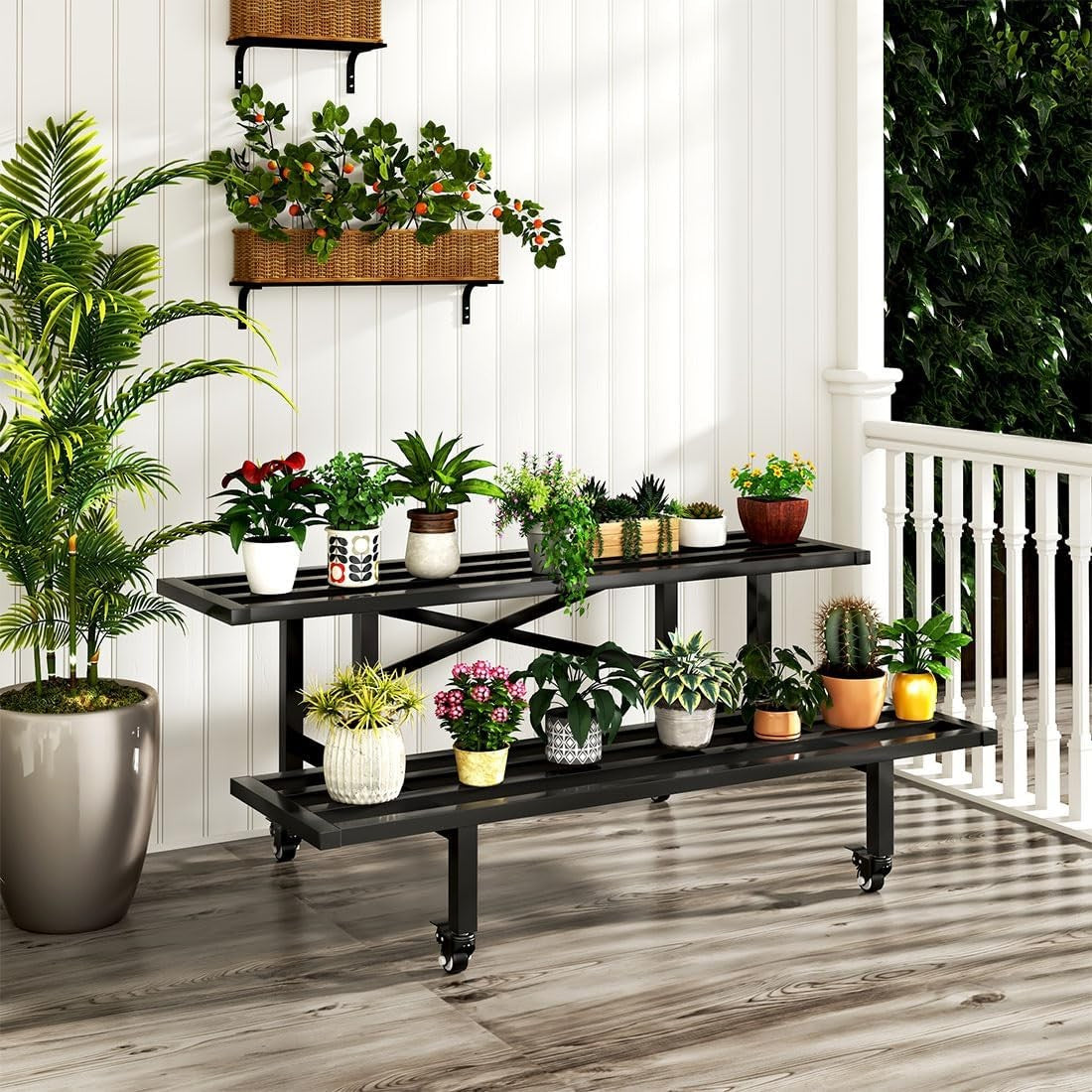 2 Tier Metal Plant Stand with Wheels | Indoor Outdoor Rolling Flower Shelf Rack