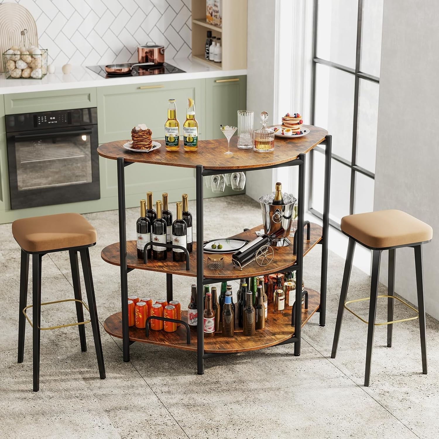 Rustic 3-Tier Wine Bar Cabinet with Glass Holder Freestanding Drinks Storage