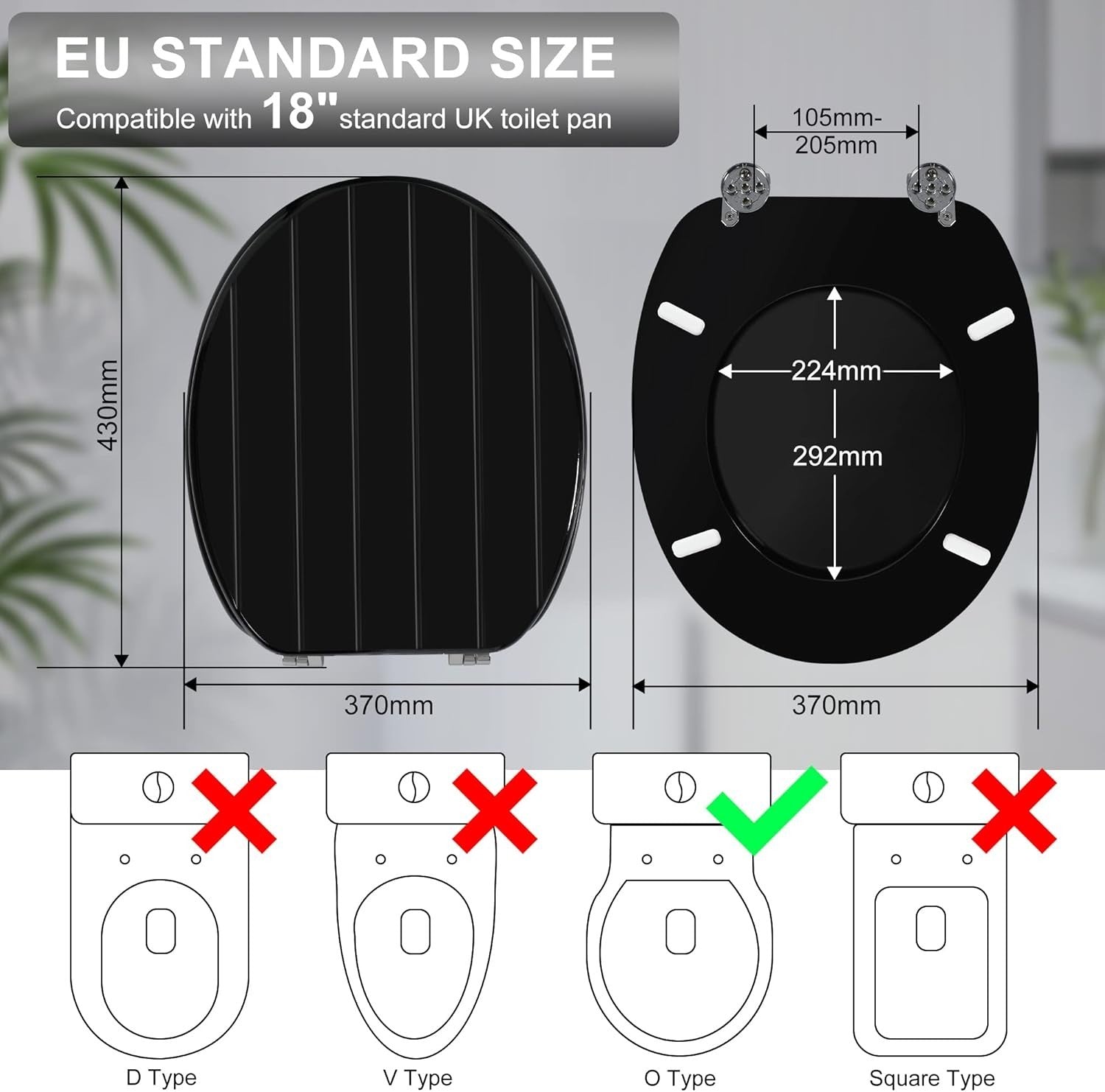 Black Wooden Toilet Seat Antibacterial Adjustable Hinges Oval Bathroom