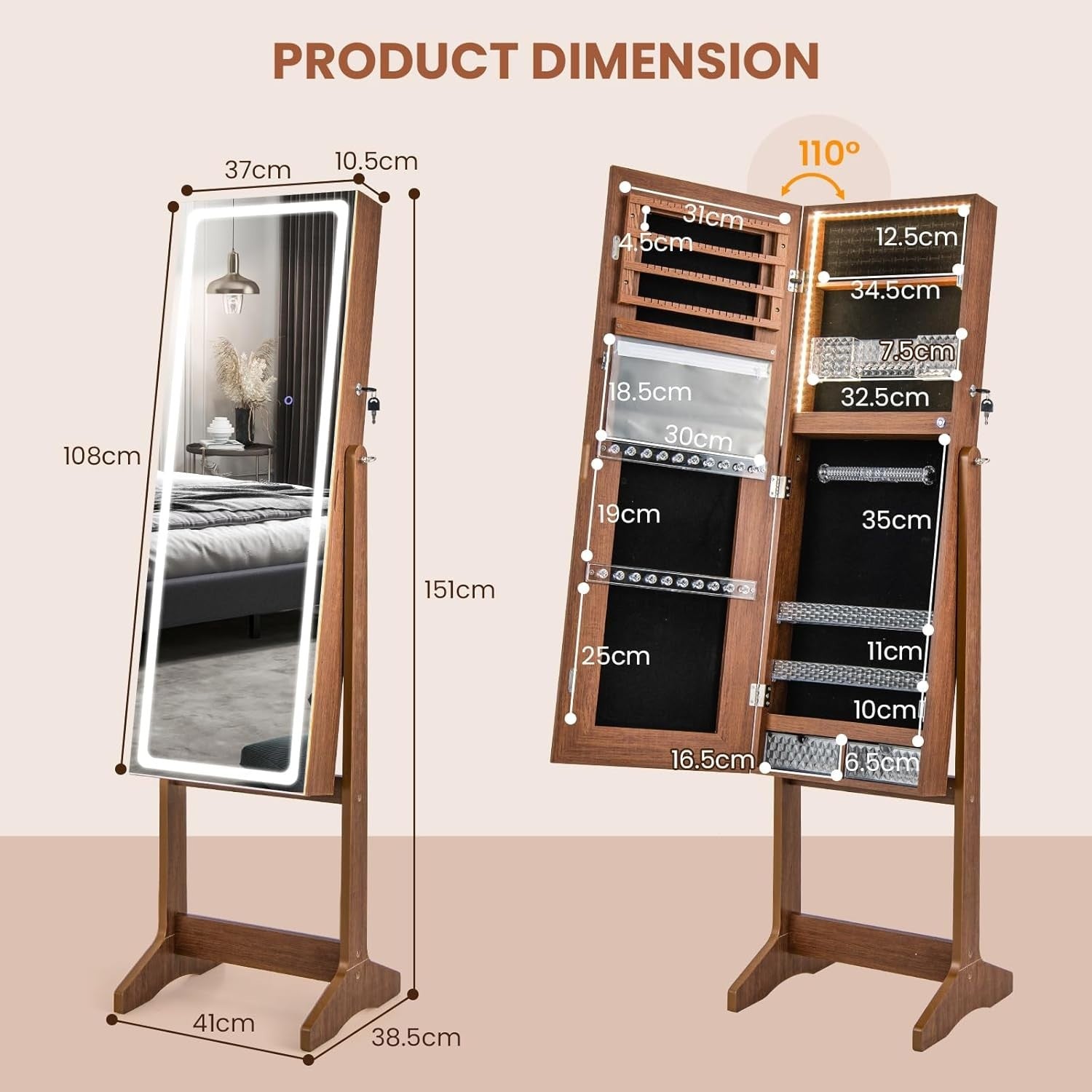 Walnut LED Jewellery Cabinet Full Length Mirror Adjustable Lockable Armoire