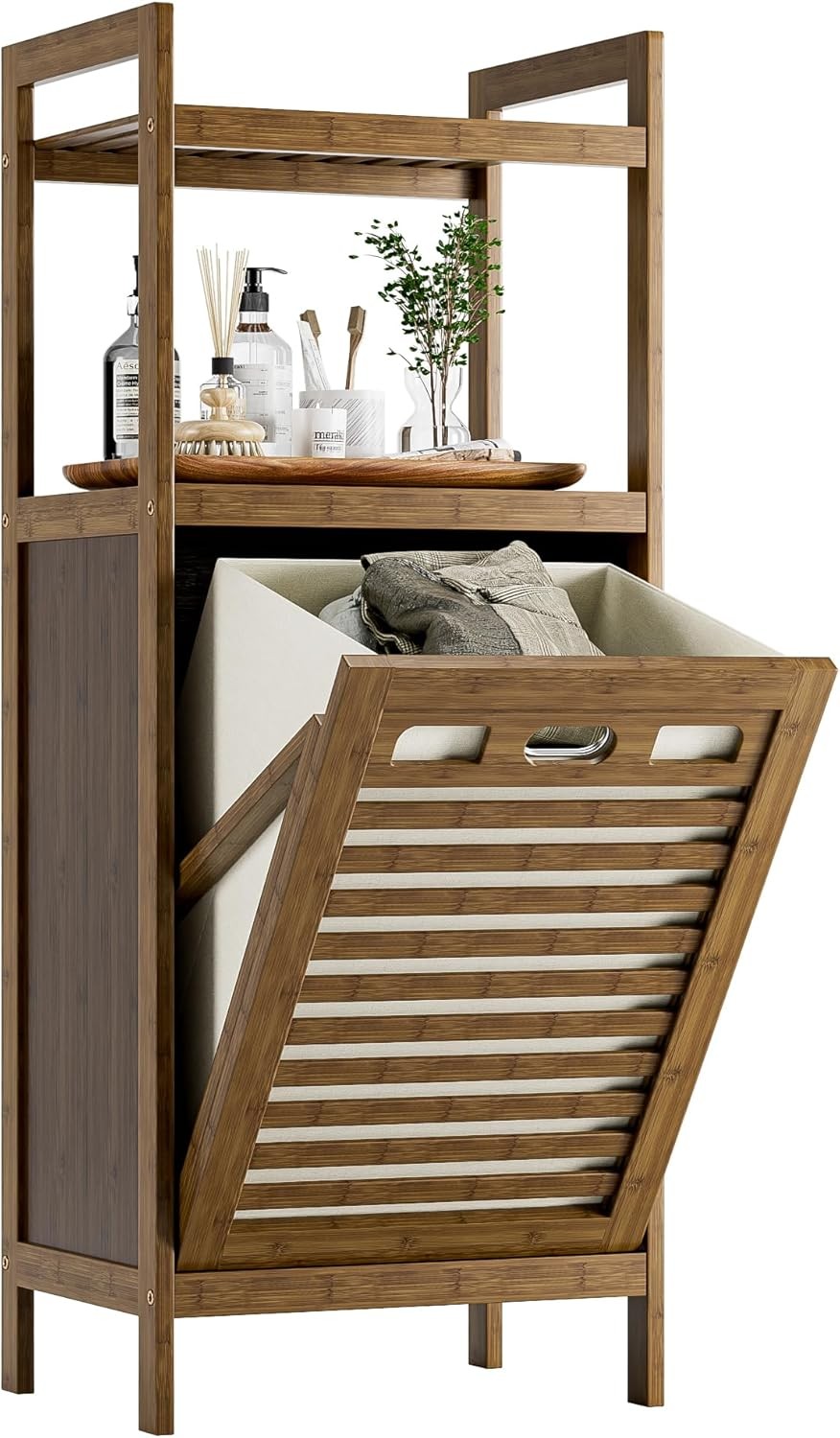Bamboo Tilt Out Laundry Hamper Cabinet with Shelves Storage Unit Walnut