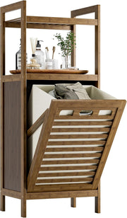 Bamboo Tilt Out Laundry Hamper Cabinet with Shelves Storage Unit Walnut