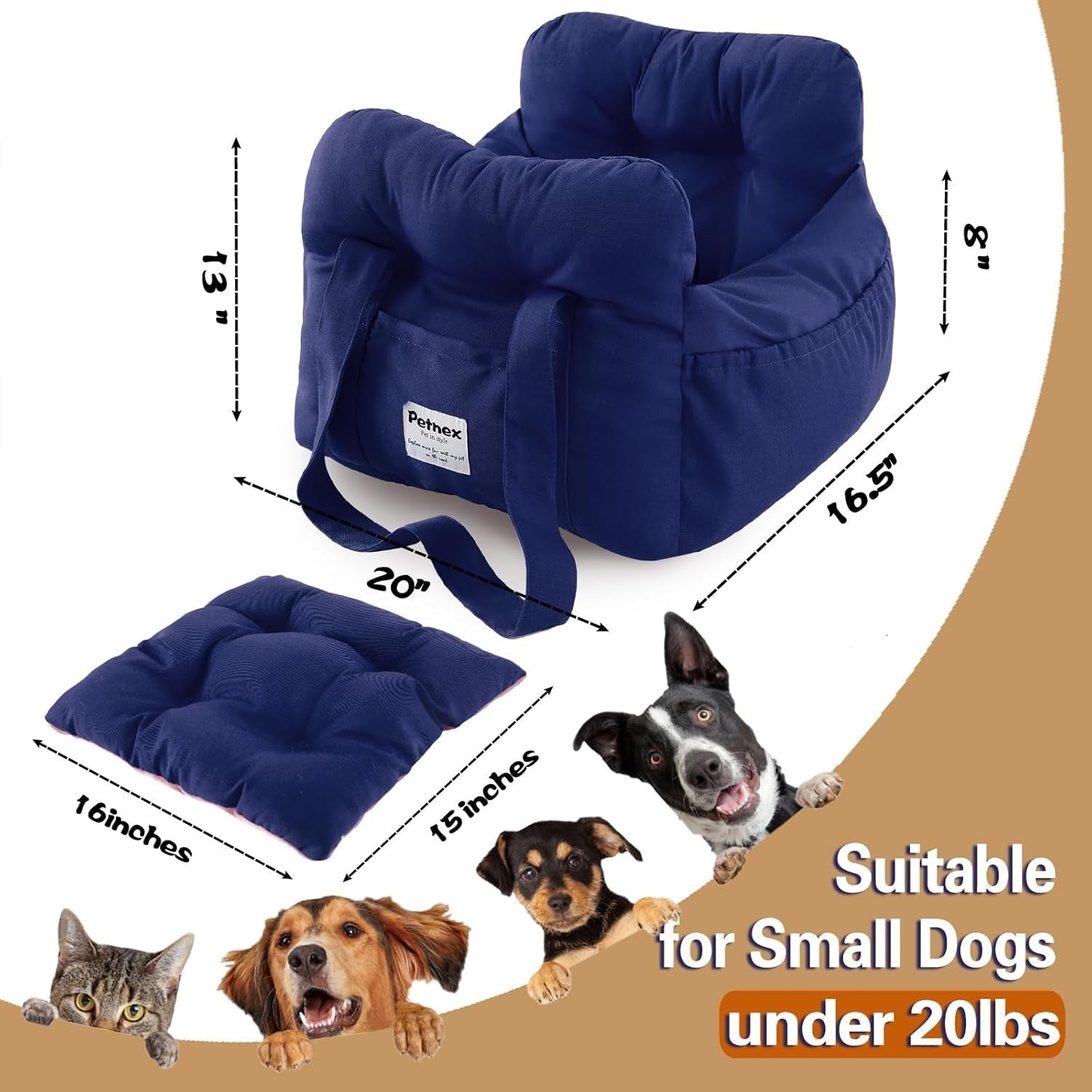 Small Dog Car Booster Seat Pet Travel Carrier Bed Safety Leash Navy