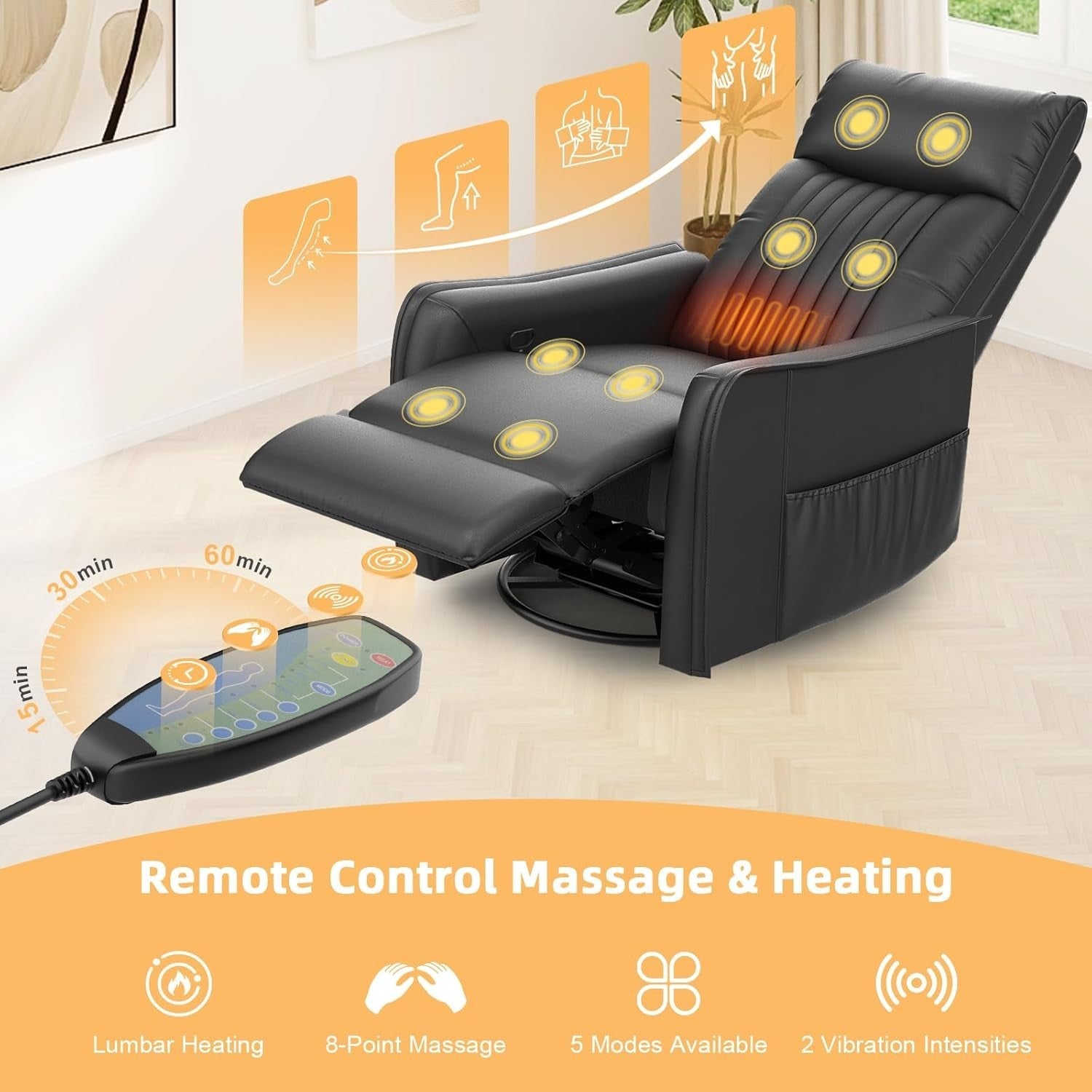 Swivel Recliner Chair Massage Heat 135° Recline Footrest Dual Pockets