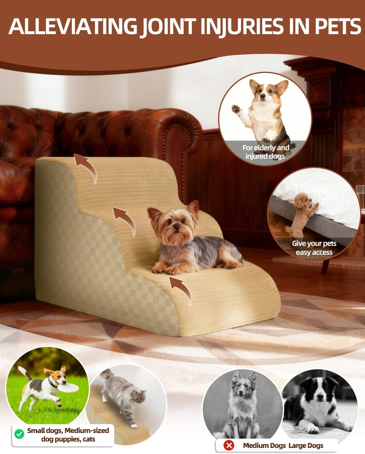 Curved Dog Stairs 22" 5-Step Small Dogs Non-Slip Foam Khaki