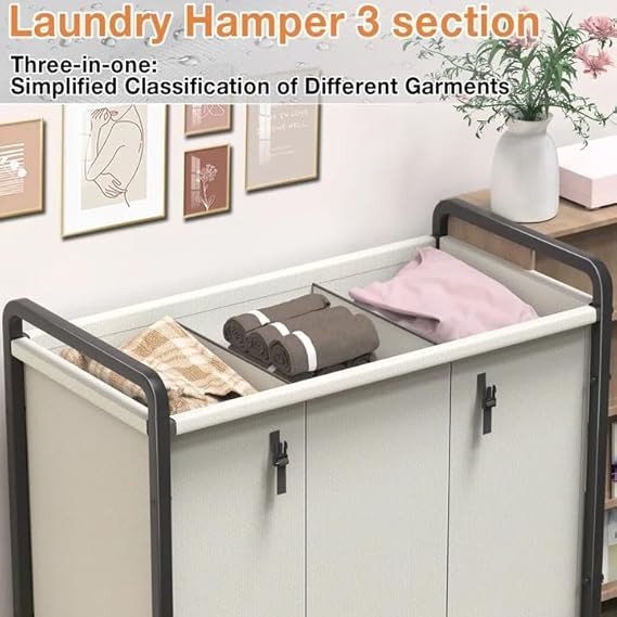 230L 3-Section Laundry Sorter Cart with Wheels & Metal Frame – White Organizer