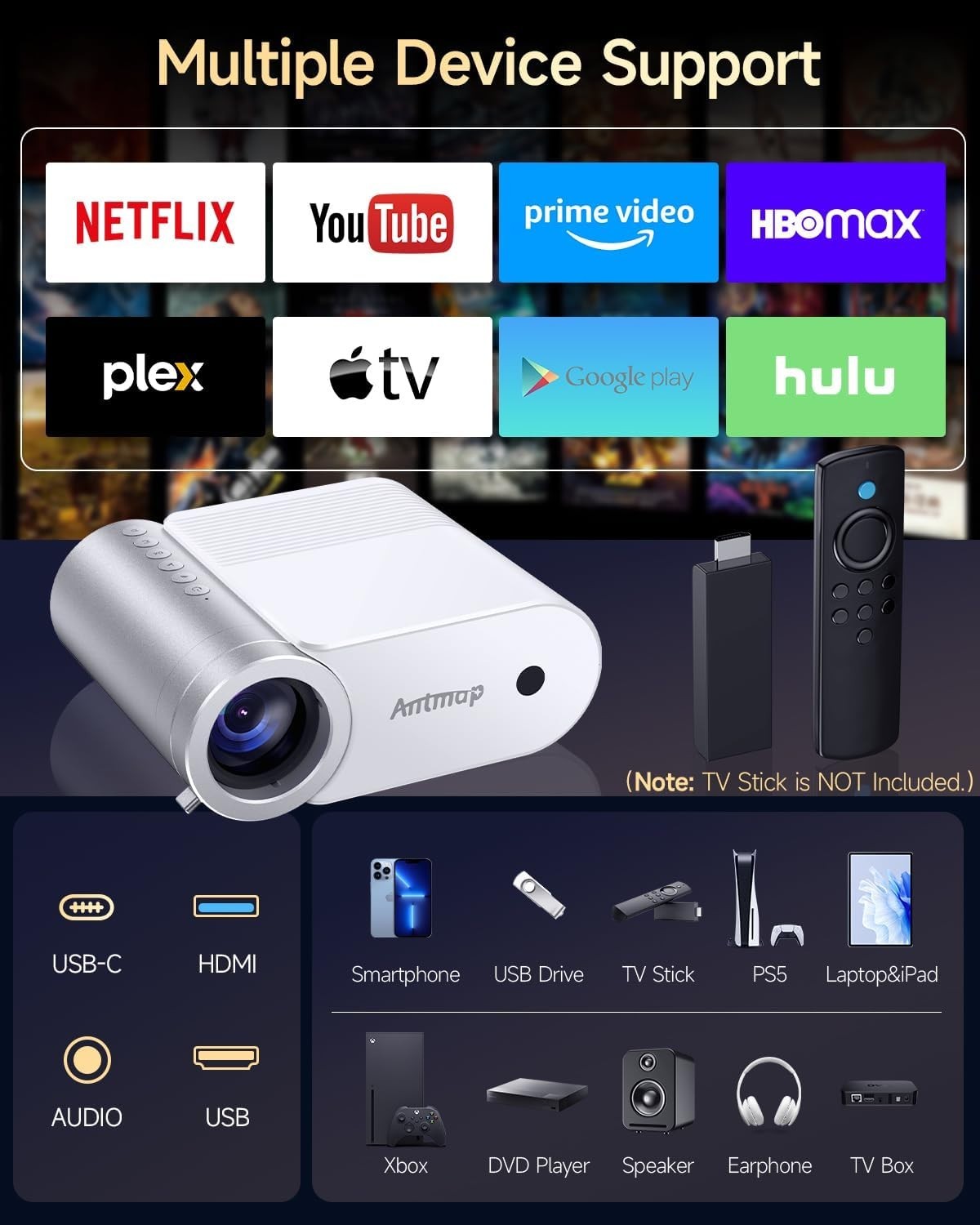 Mini Smart Projector 400 ANSI 1080P WiFi 6 Bluetooth Outdoor Cinema