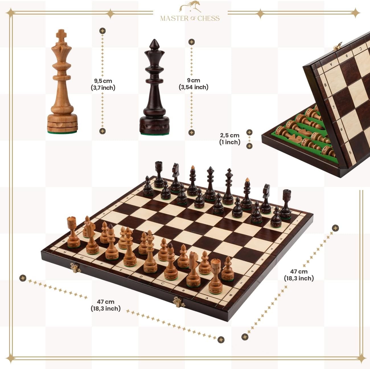48cm Luxury Wooden Chess Set – Handcrafted Burned Board & Clear Readable Pieces