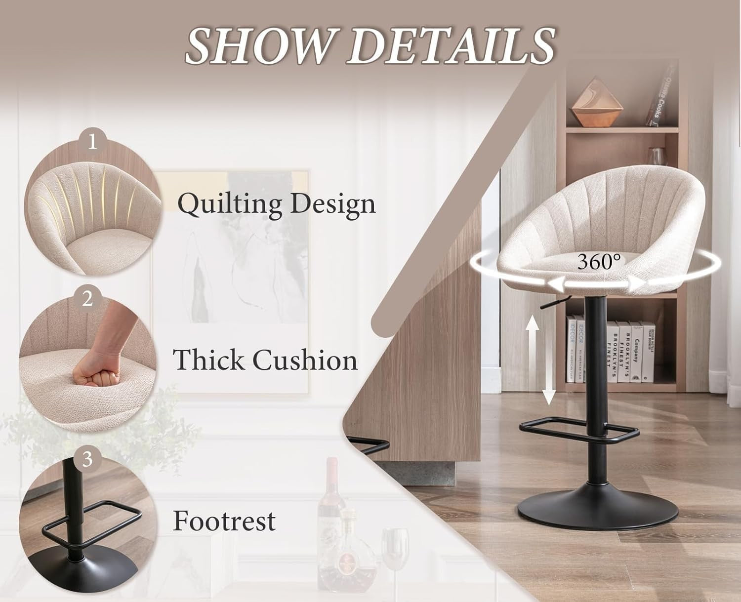 Set of 4 Beige Linen Bar Stools Adjustable Swivel Counter Chairs