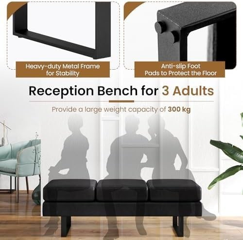 3-Seater Upholstered Reception Bench with Metal Frame, Modern Entryway Seating