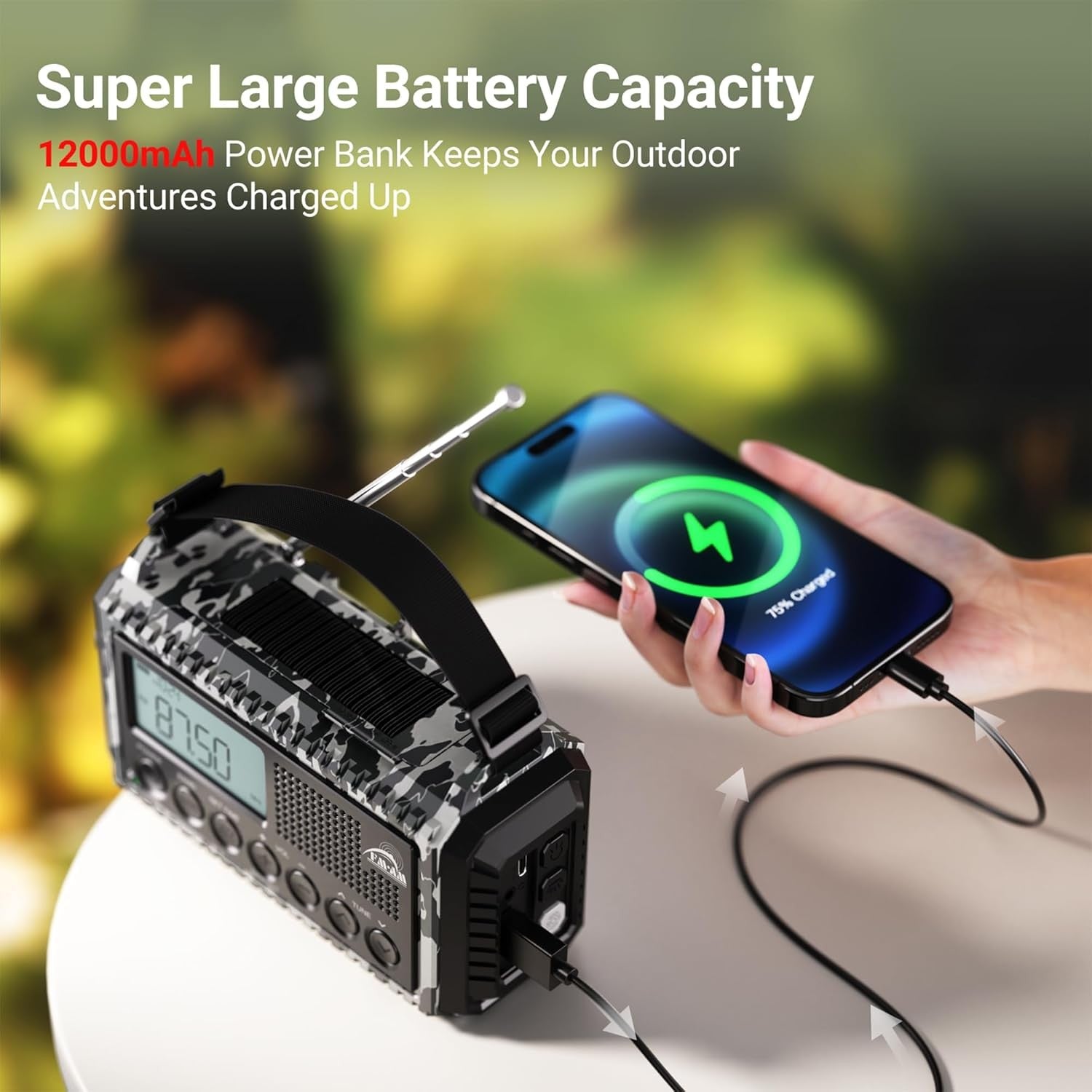 12000mAh Emergency Radio Solar Hand Crank AM USB Phone Charger SOS