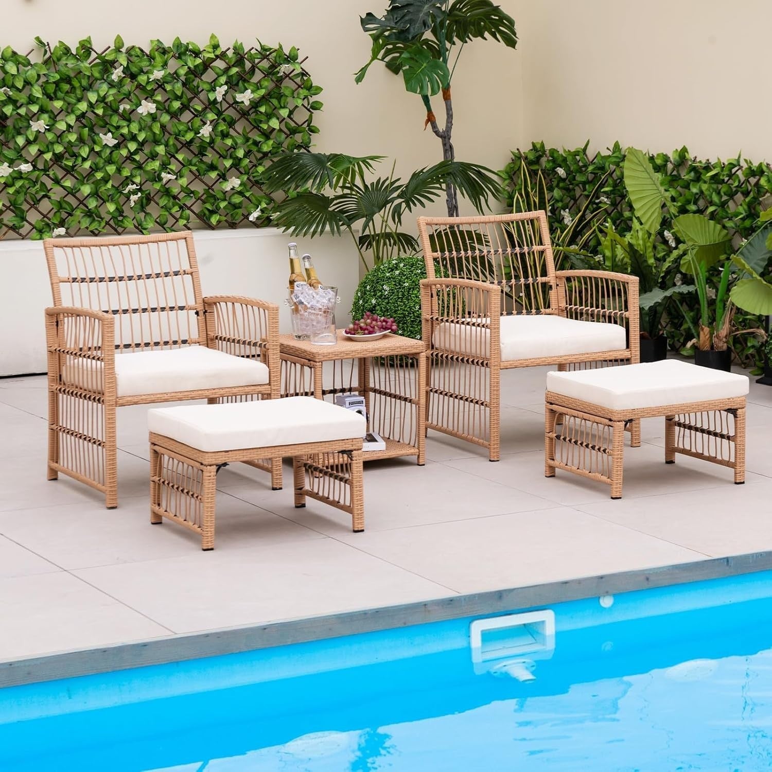 5pc Rattan Garden Furniture Set with Cushions, Table & Ottomans Patio