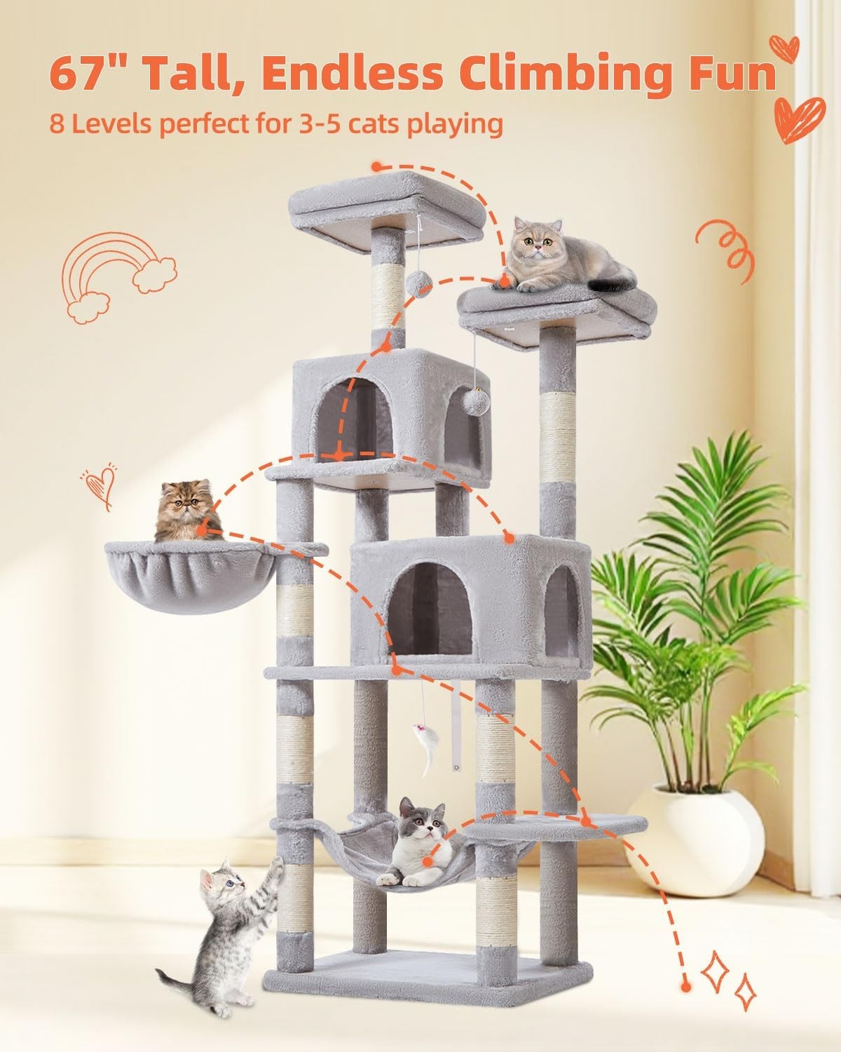 170cm Light Grey Cat Tree Tower with Condos Hammock Scratching Posts