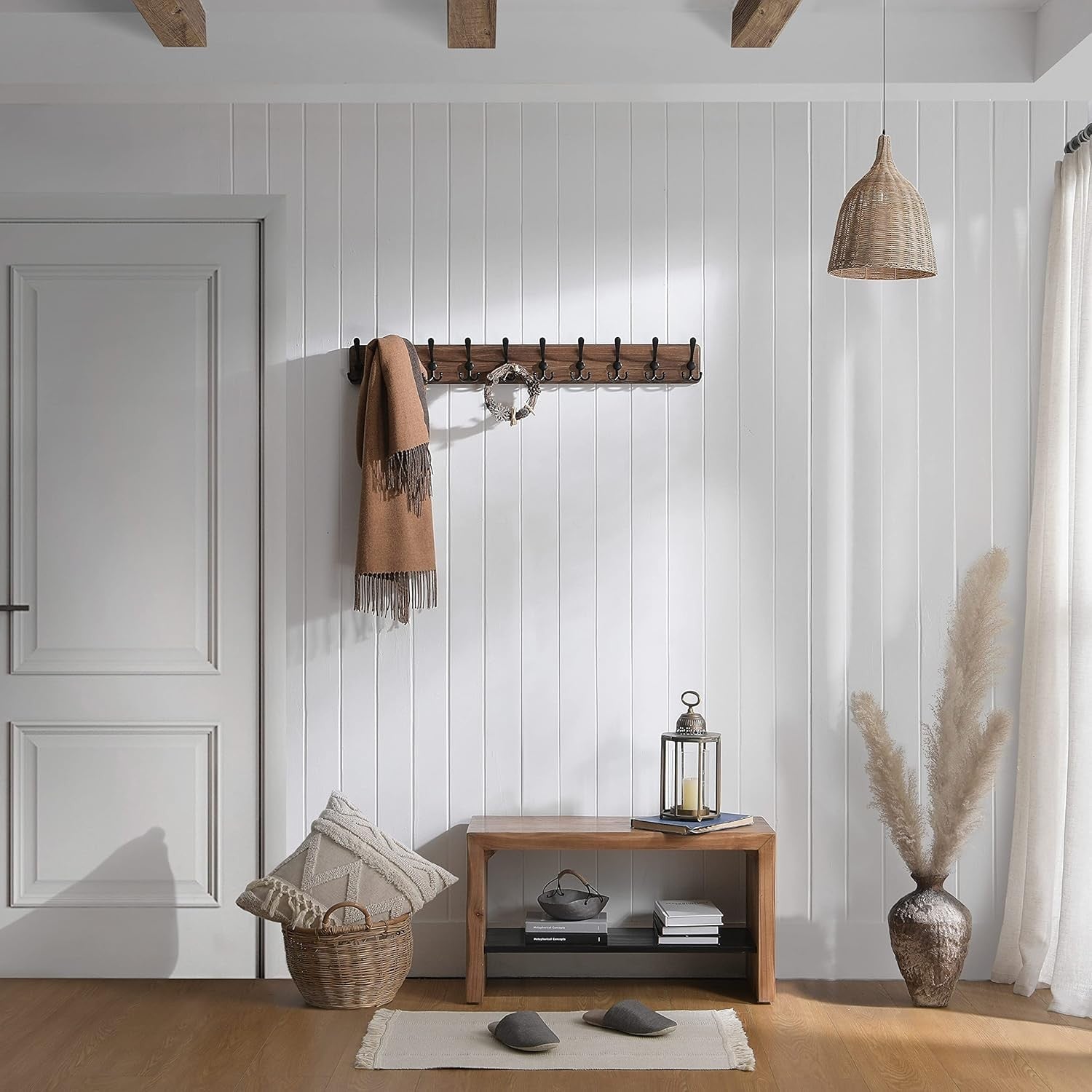 Rustic Wooden Wall Mounted Coat Rack 38" | Heavy Duty 10 Hook Farmhouse Organize
