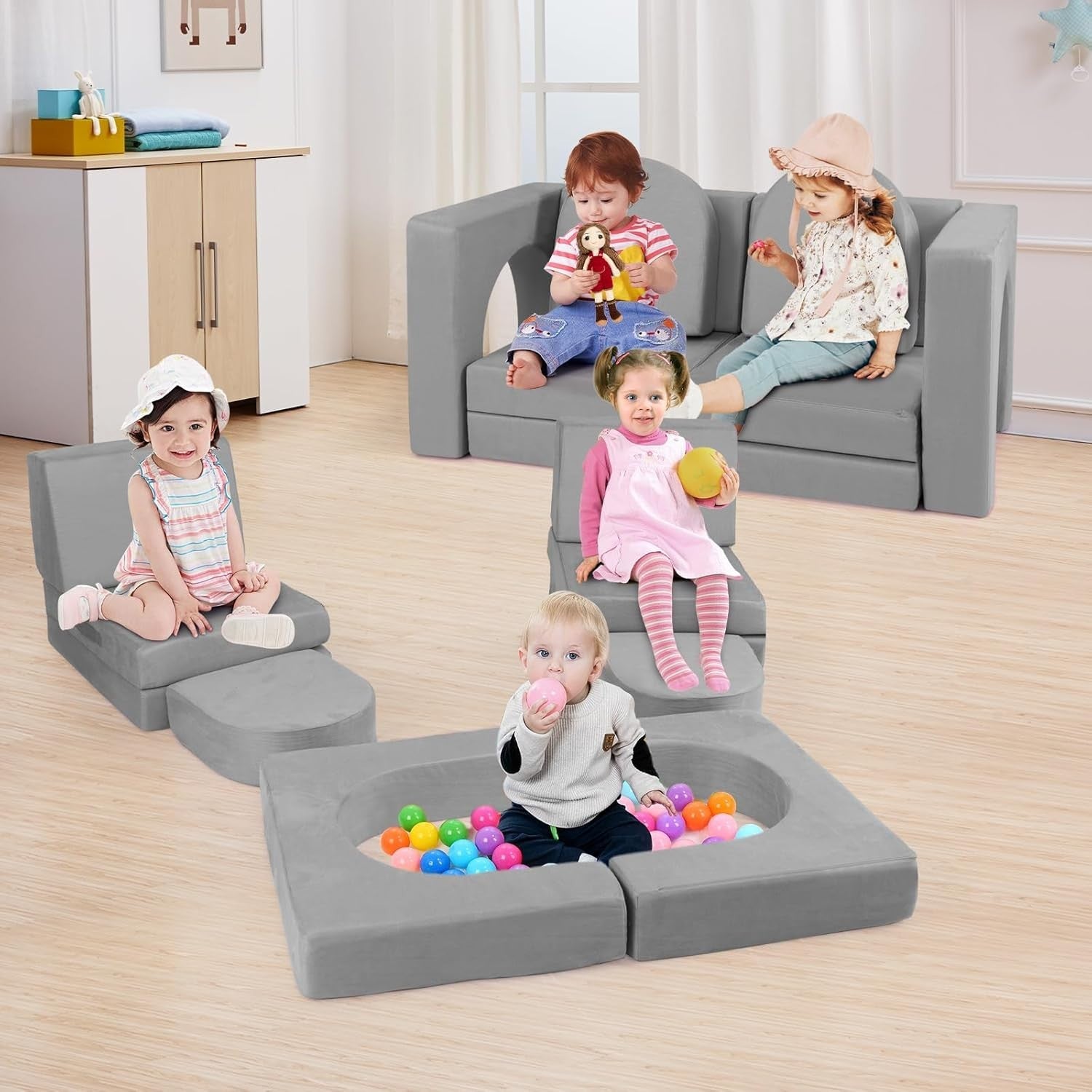Kids Modular Play Sofa 8pc Couch Bed Set Grey Foam Furniture Washable