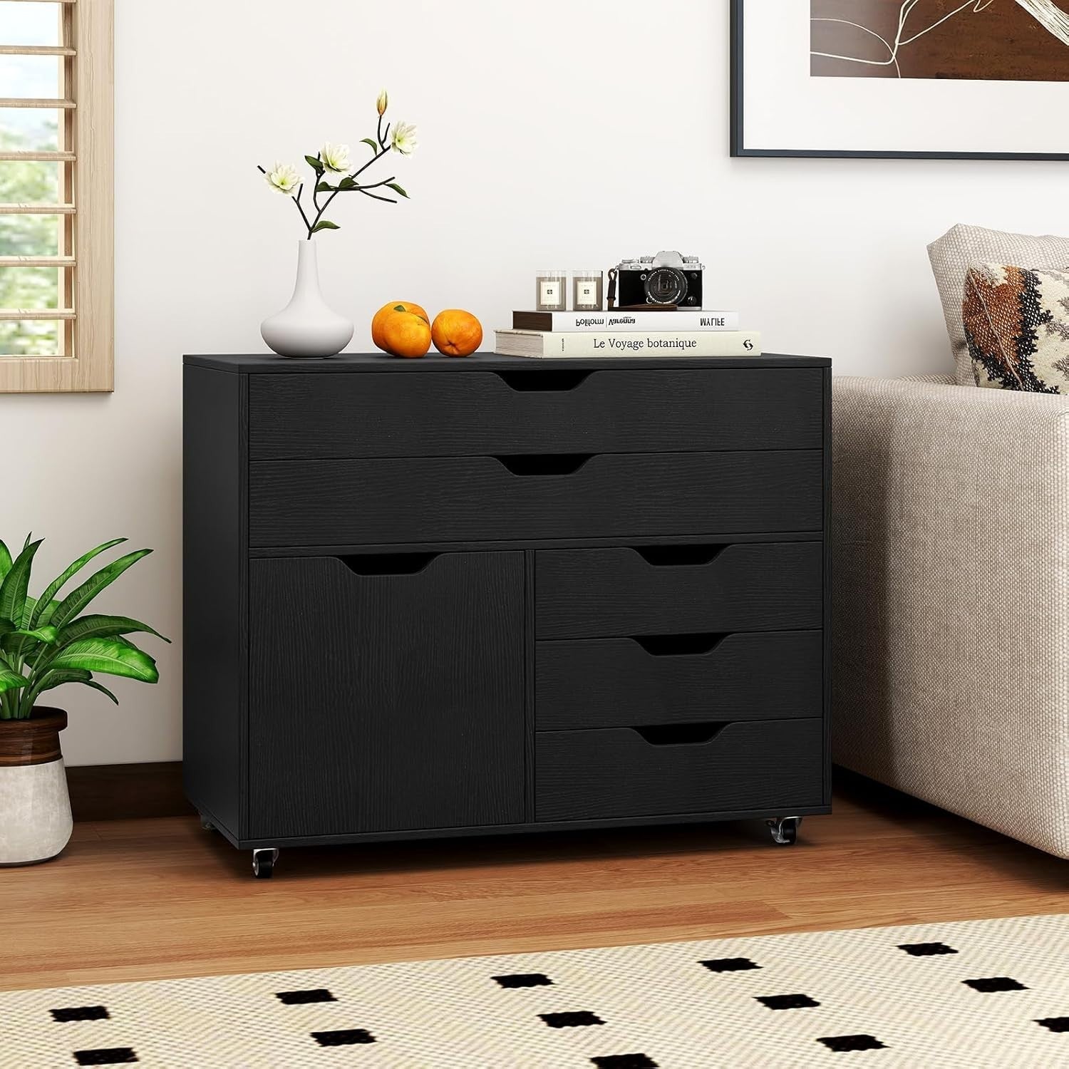 Black Mobile File Cabinet 5 Drawer Side Cupboard Rolling Printer Stand