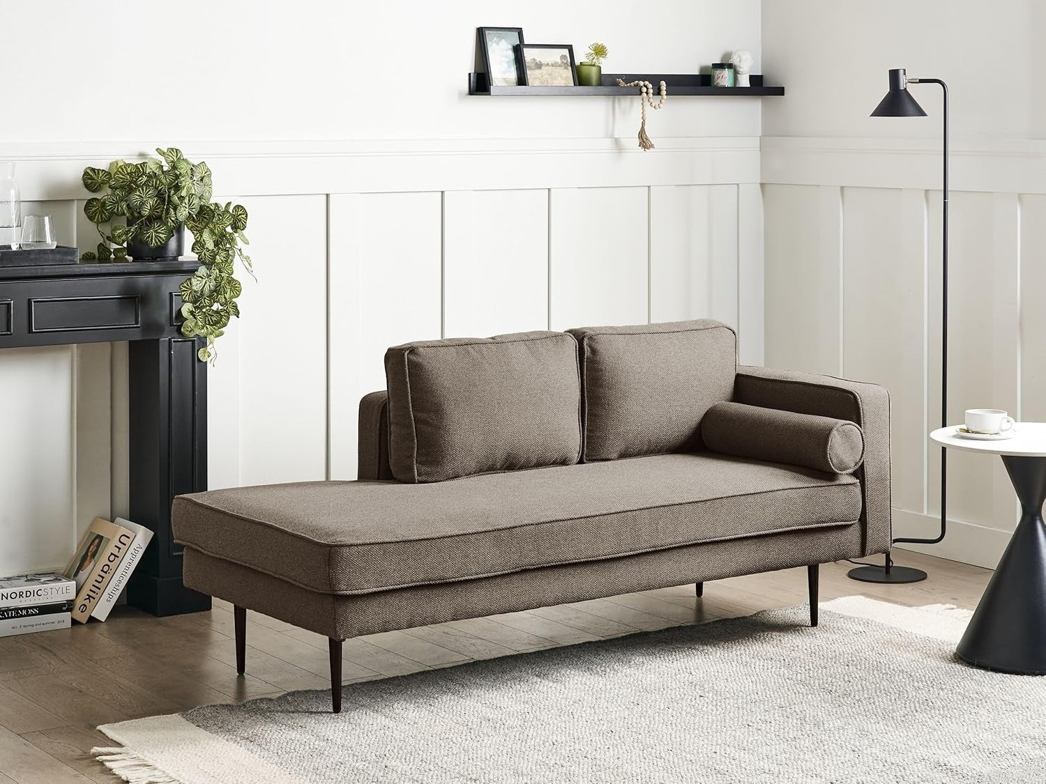 Brown Chaise Lounge Sofa Right-Hand | Bolster Cushion Modern Metal Legs