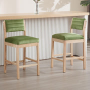 Retro Green Velvet Bar Stools Set of 2 – Wooden Leg Counter Chairs