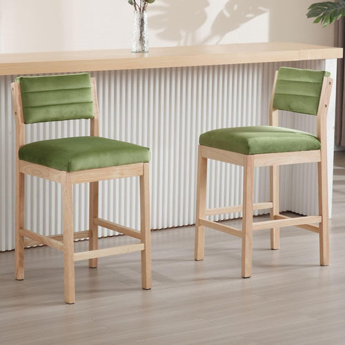 Retro Green Velvet Bar Stools Set of 2 – Wooden Leg Counter Chairs